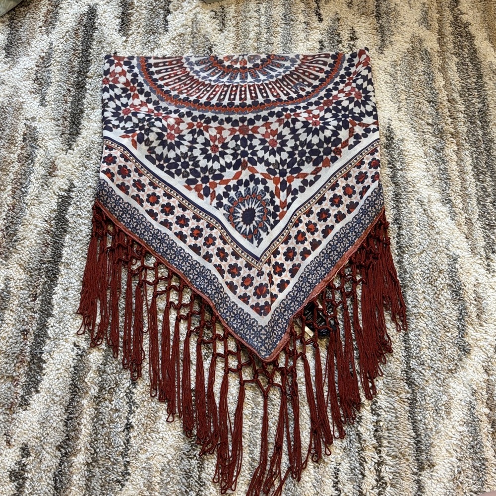 Boho Fringe Triangle Scarf with Red, Navy & Cream Pattern